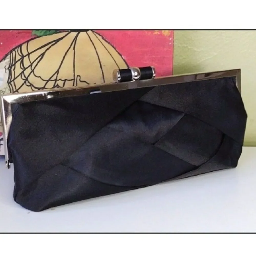 Bijoux Terner VTG Y2K Black‎ Satin Weaved Kisslock Top Evening Clutch with Chain